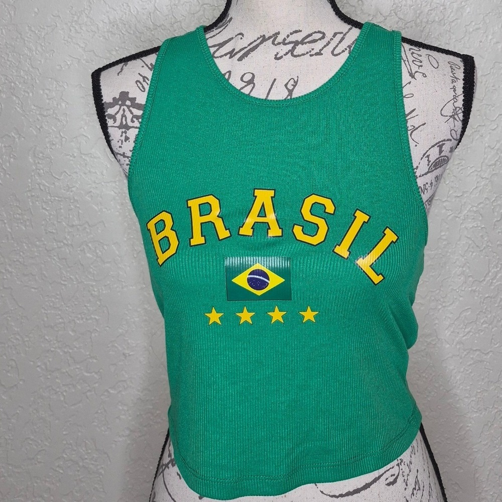 Brasil Green Ribbed Crop Tank Top Women Medium Yellow Graphic Flag Stars